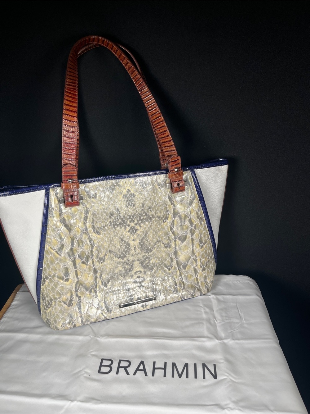 Brahmin Cream & Brown Snake-Embossed Leather Tote with Navy Trim NO DUST BAG